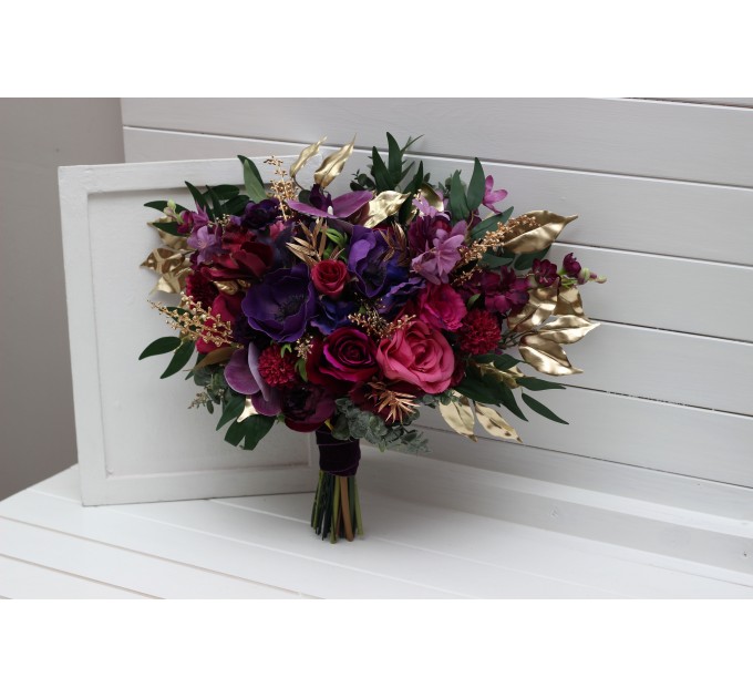 Wedding Bouquets in Purple, Magenta & Gold | Faux Bridal & Bridesmaid Bouquets
