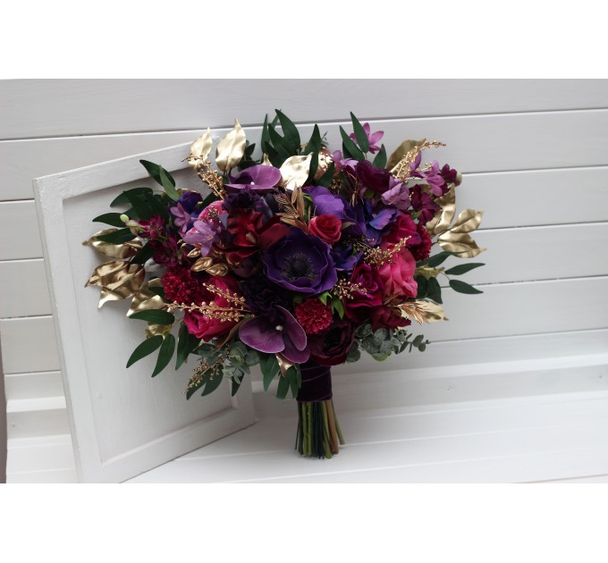 Wedding Bouquets in Purple, Magenta & Gold | Faux Bridal & Bridesmaid Bouquets