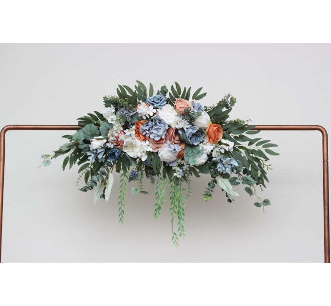Flower Arch Arrangement in White, Terracotta & Dusty Blue | Faux Floral Archway for Wedding