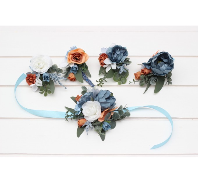 Wedding Boutonnieres & Wrist Corsage in White, Terracotta & Dusty Blue | Faux Flower Accessories