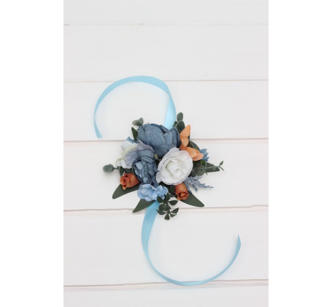 Wedding Boutonnieres & Wrist Corsage in White, Terracotta & Dusty Blue | Faux Flower Accessories