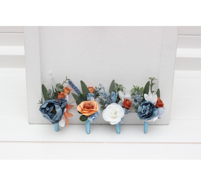 Wedding Boutonnieres & Wrist Corsage in White, Terracotta & Dusty Blue | Faux Flower Accessories