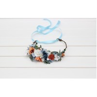 White terracotta dusty blue  flower crown. Hair wreath. Flower girl crown. Wedding flowers. 5227