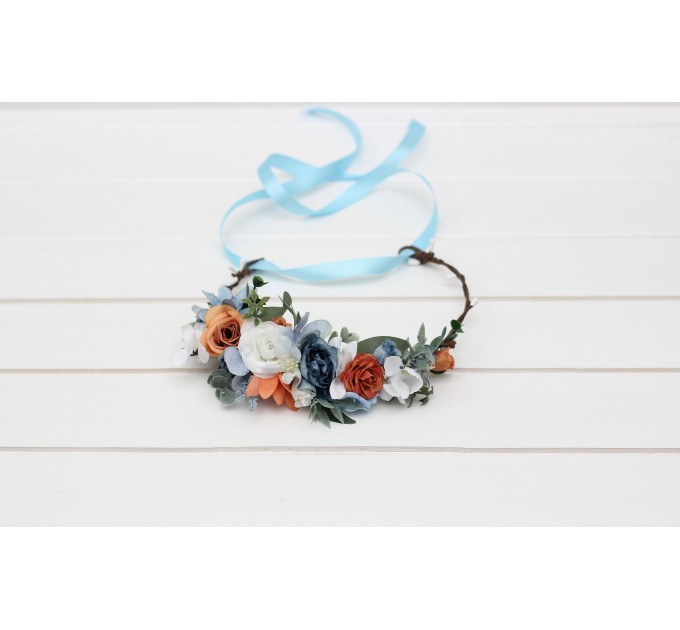 White terracotta dusty blue flower crown. Hair wreath. Flower girl crown. Wedding flowers. 5227