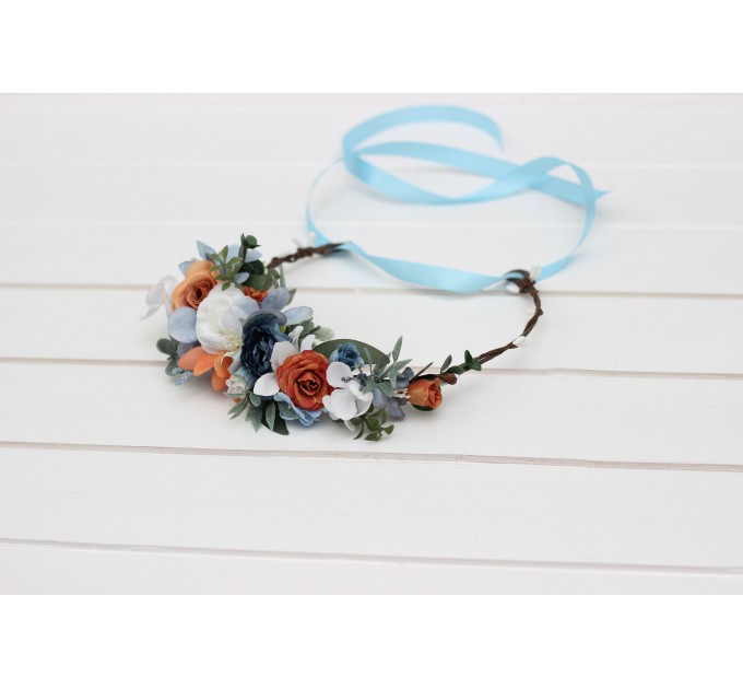 White terracotta dusty blue flower crown. Hair wreath. Flower girl crown. Wedding flowers. 5227
