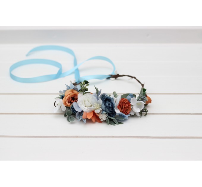 White terracotta dusty blue flower crown. Hair wreath. Flower girl crown. Wedding flowers. 5227
