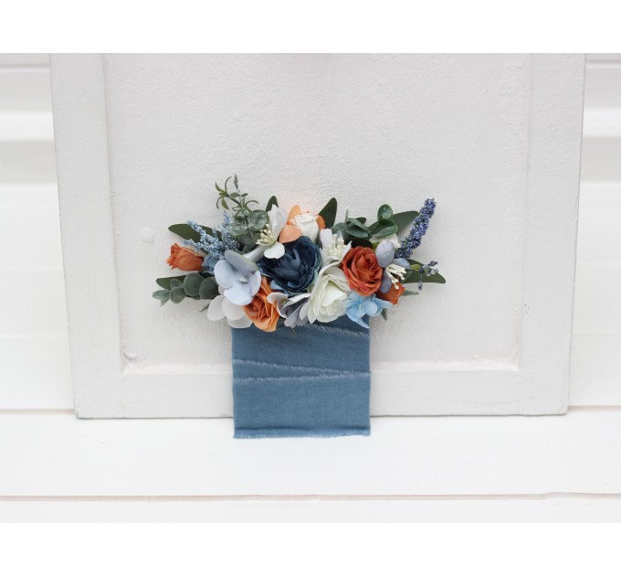Pocket Boutonniere in White, Terracotta & Dusty Blue | Square Flower Accessories
