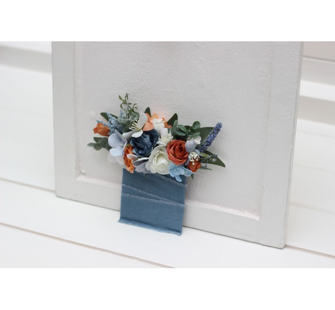 Pocket Boutonniere in White, Terracotta & Dusty Blue | Square Flower Accessories