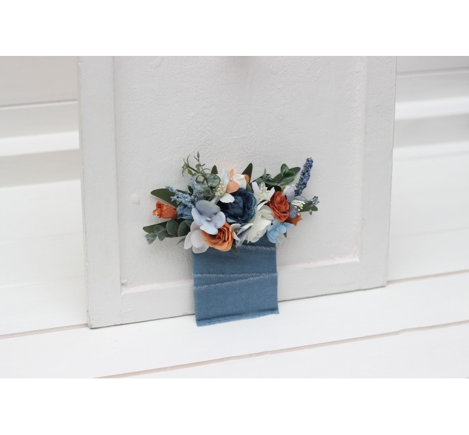 Pocket Boutonniere in White, Terracotta & Dusty Blue | Square Flower Accessories