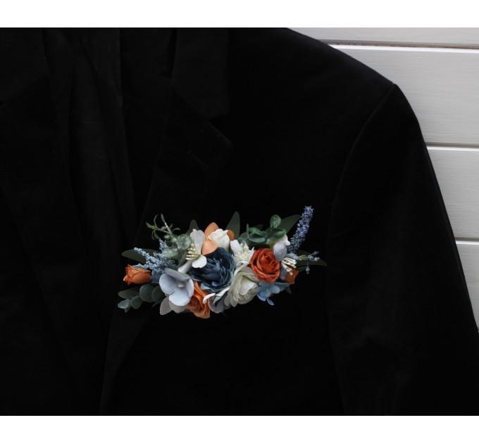 Pocket Boutonniere in White, Terracotta & Dusty Blue | Square Flower Accessories