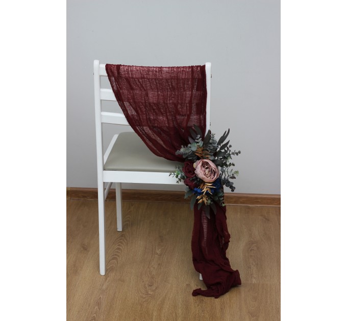 Aisle flowers in burgundy navy blue dusty rose gold scheme. Chair flowers. Sign flowers. Wedding flowers. Flowers for wedding decor. 5090