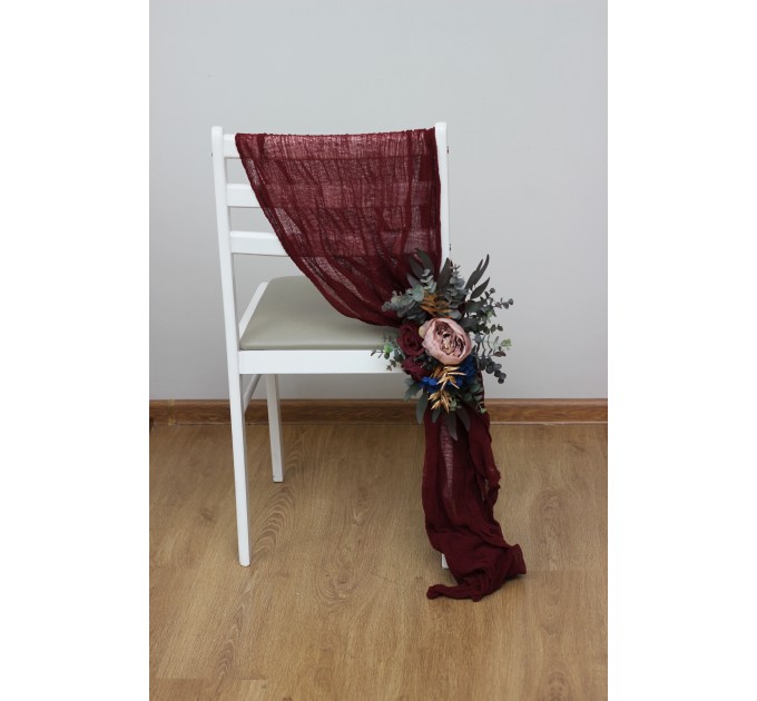 Aisle flowers in burgundy navy blue dusty rose gold scheme. Chair flowers. Sign flowers. Wedding flowers. Flowers for wedding decor. 5090
