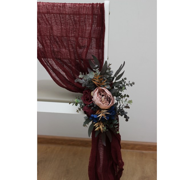 Aisle flowers in burgundy navy blue dusty rose gold scheme. Chair flowers. Sign flowers. Wedding flowers. Flowers for wedding decor. 5090