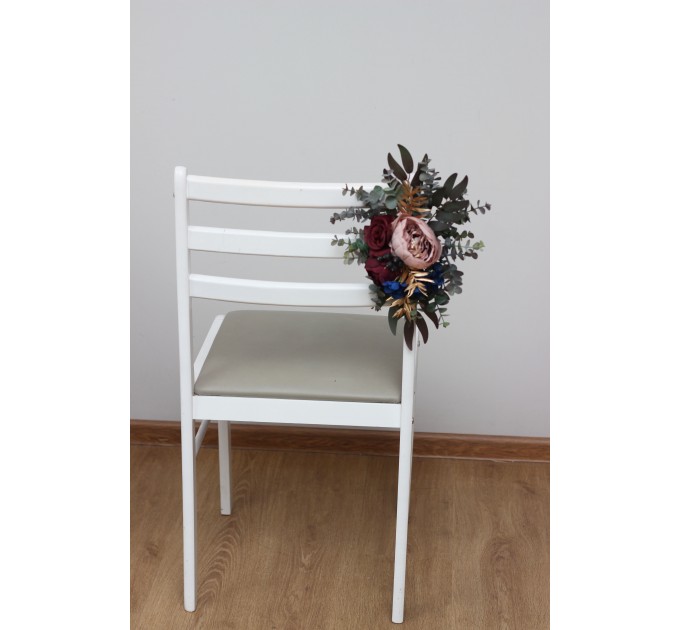 Aisle flowers in burgundy navy blue dusty rose gold scheme. Chair flowers. Sign flowers. Wedding flowers. Flowers for wedding decor. 5090