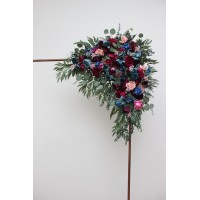  Flower arch arrangement in jewel-tone color scheme. Emerald green purple magenta teal navy blue colors.  Arbor flowers. Floral archway. Faux flowers for wedding arch. 5055