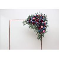  Flower arch arrangement in jewel-tone color scheme. Emerald green purple magenta teal navy blue colors.  Arbor flowers. Floral archway. Faux flowers for wedding arch. 5055