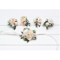  Wedding boutonnieres and wrist corsage  in  blush pink white color scheme. Flower accessories. 5199