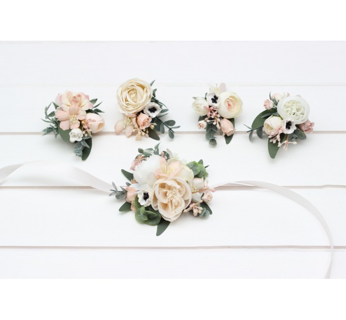 Wedding Boutonnieres & Wrist Corsage in Blush Pink & White | Faux Flower Accessories