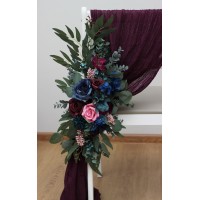 Aisle flowers in navy blue purple magenta teal scheme. Chair flowers. Sign flowers. Wedding flowers. Flowers for wedding decor. Jewel tone wedding theme. 5055