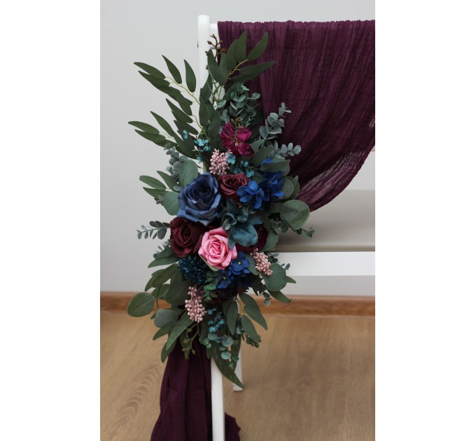Aisle flowers in navy blue purple magenta teal scheme. Chair flowers. Sign flowers. Wedding flowers. Flowers for wedding decor. Jewel tone wedding theme. 5055