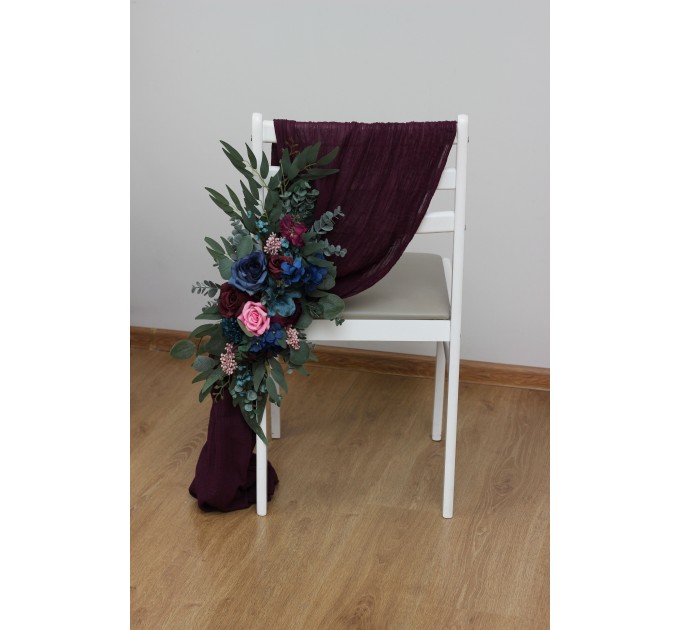 Aisle flowers in navy blue purple magenta teal scheme. Chair flowers. Sign flowers. Wedding flowers. Flowers for wedding decor. Jewel tone wedding theme. 5055