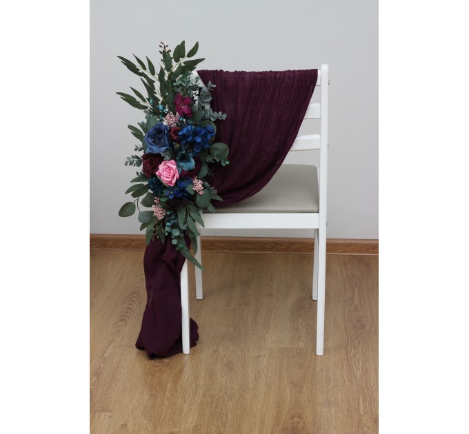 Aisle flowers in navy blue purple magenta teal scheme. Chair flowers. Sign flowers. Wedding flowers. Flowers for wedding decor. Jewel tone wedding theme. 5055