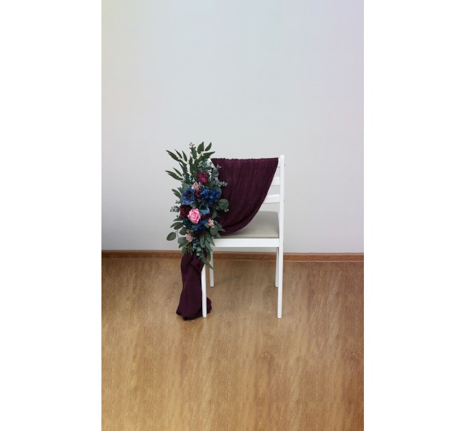 Aisle flowers in navy blue purple magenta teal scheme. Chair flowers. Sign flowers. Wedding flowers. Flowers for wedding decor. Jewel tone wedding theme. 5055