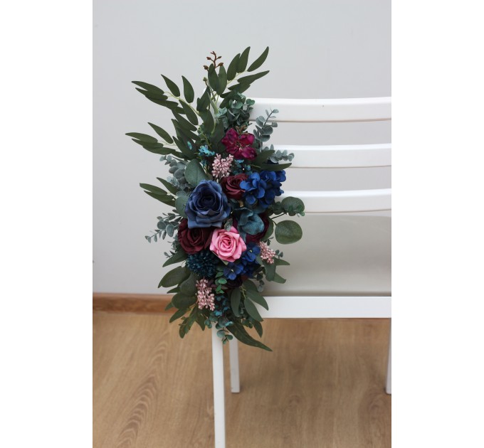 Aisle flowers in navy blue purple magenta teal scheme. Chair flowers. Sign flowers. Wedding flowers. Flowers for wedding decor. Jewel tone wedding theme. 5055