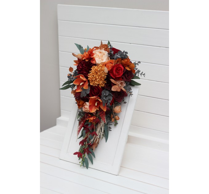 Wedding Bouquets in Burnt Orange, Red & Burgundy | Cascading Bridal & Bridesmaid Faux Bouquets