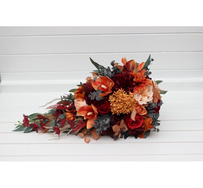 Wedding Bouquets in Burnt Orange, Red & Burgundy | Cascading Bridal & Bridesmaid Faux Bouquets