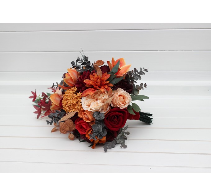 Wedding Bouquets in Burnt Orange, Red & Burgundy | Cascading Bridal & Bridesmaid Faux Bouquets