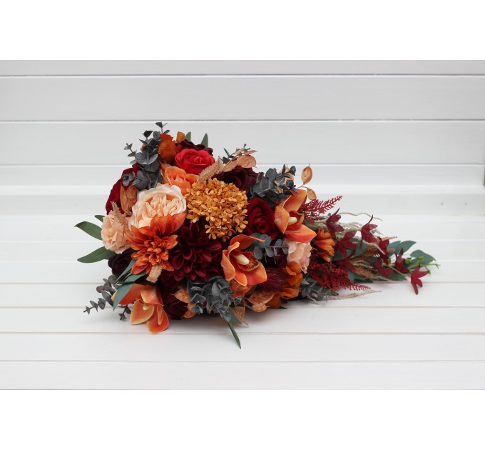 Wedding Bouquets in Burnt Orange, Red & Burgundy | Cascading Bridal & Bridesmaid Faux Bouquets