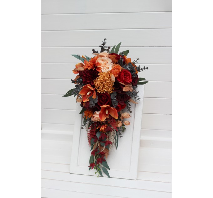 Wedding Bouquets in Burnt Orange, Red & Burgundy | Cascading Bridal & Bridesmaid Faux Bouquets