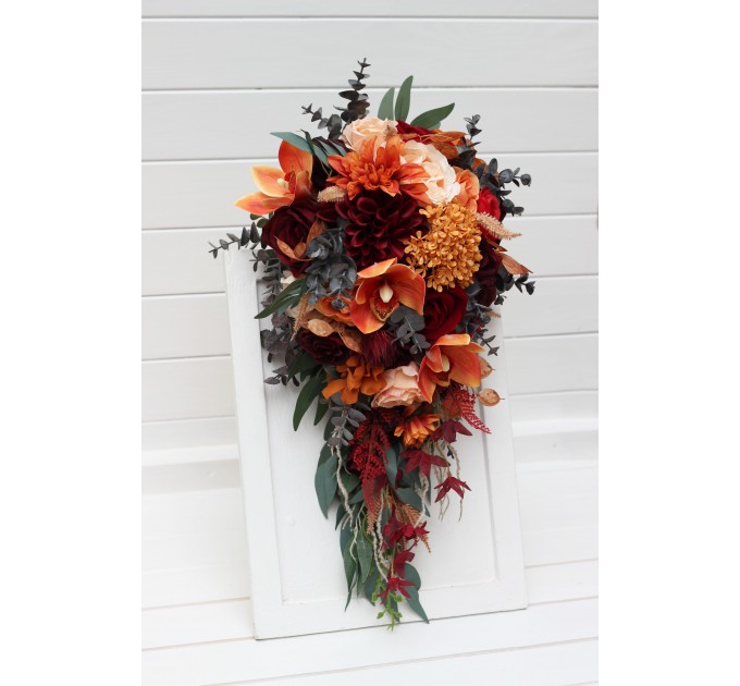 Wedding Bouquets in Burnt Orange, Red & Burgundy | Cascading Bridal & Bridesmaid Faux Bouquets