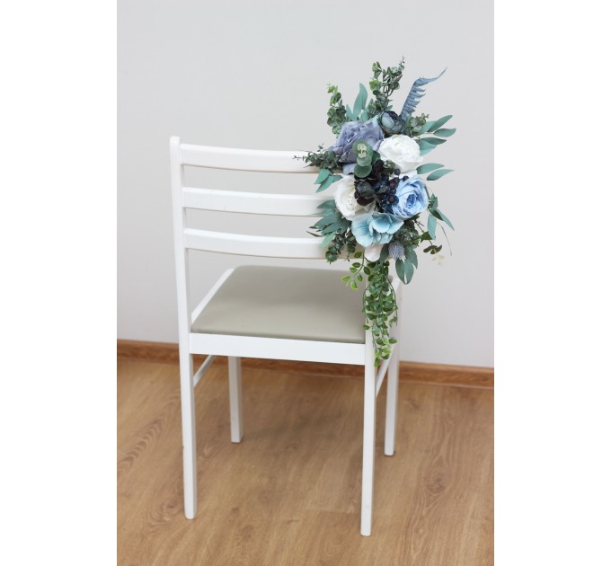Aisle flowers in dusty blue white scheme. Chair flowers. Sign flowers. Wedding flowers. Flowers for wedding decor. 0508