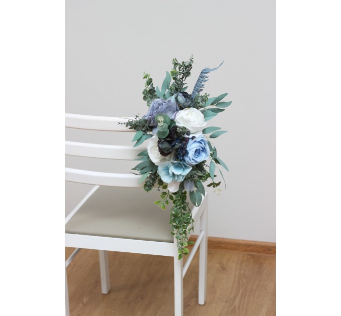 Aisle flowers in dusty blue white scheme. Chair flowers. Sign flowers. Wedding flowers. Flowers for wedding decor. 0508