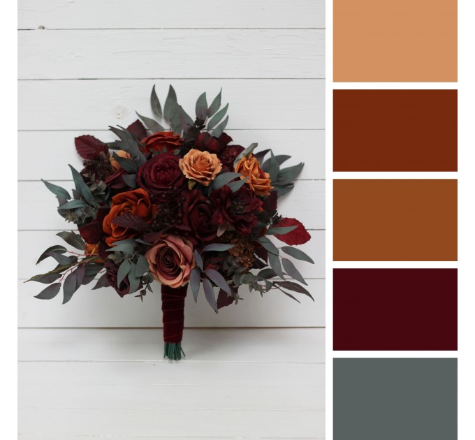 Wedding Bouquets in Rust, Burgundy & Cinnamon | Cascading Bridal & Bridesmaid Faux Bouquets