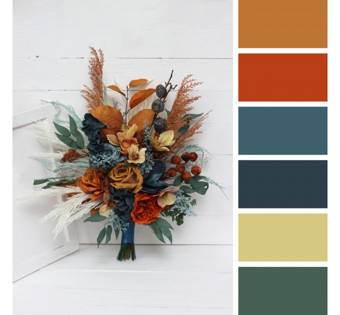 Wedding Bouquets in Dark Teal, Rust & Ivory | Cascading Bridal & Bridesmaid Faux Bouquets