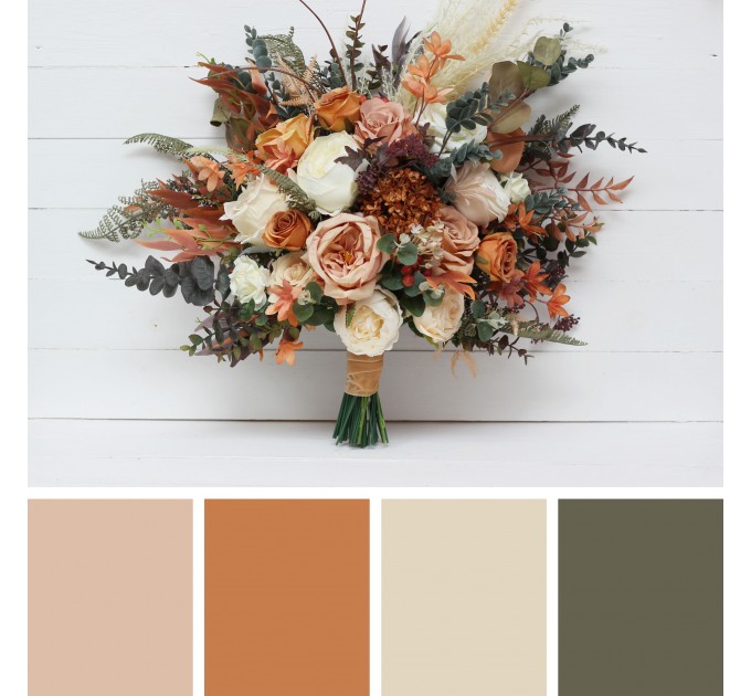 Boho Bouquet with Pampas Grass in Orange, Ivory, Rust & Terracotta | Cascading Bridal & Bridesmaid Bouquets