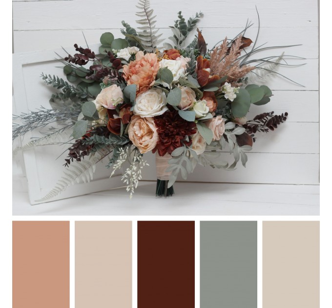 Wedding bouquets in beige terracotta white blush pink colors. Bridal bouquet. Cascading bouquet. Faux bouquet. Bridesmaid bouquet. 0027