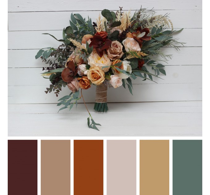 Wedding Bouquets in Rust, Brown & Ivory | Boho Cascading Bridal & Bridesmaid Faux Bouquets