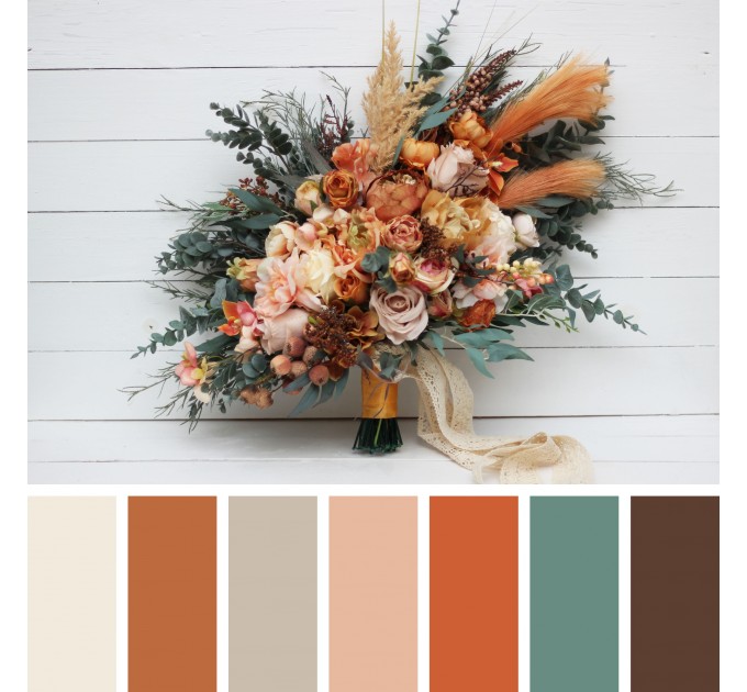 Wedding bouquets in orange rust peach colors. Bridal bouquet. Cascading bouquet. Faux bouquet. Bridesmaid bouquet. 0001