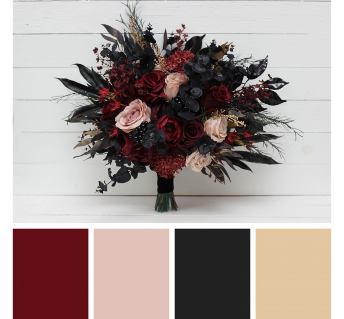 Halloween Wedding Bouquets in Burgundy, Black, Gold, and Beige – Cascade Faux Bouquets