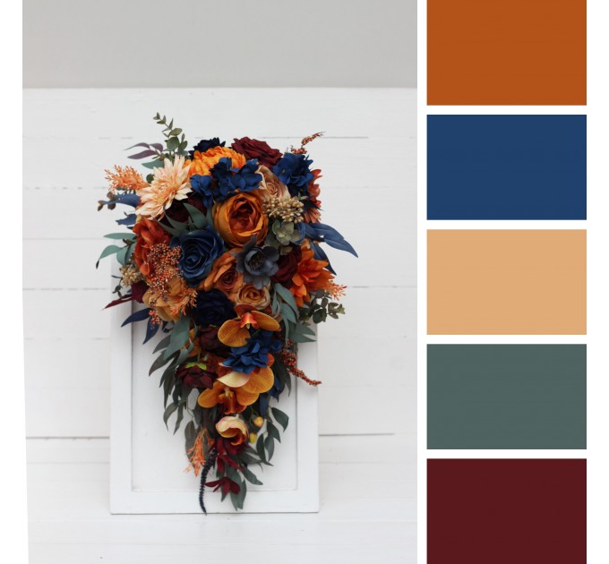 Wedding Bouquets in Rust, Orange, Burgundy & Navy Blue | Cascading Bridal & Bridesmaid Faux Bouquets