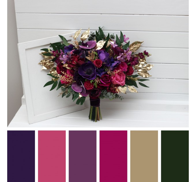 Wedding Bouquets in Purple, Magenta & Gold | Faux Bridal & Bridesmaid Bouquets