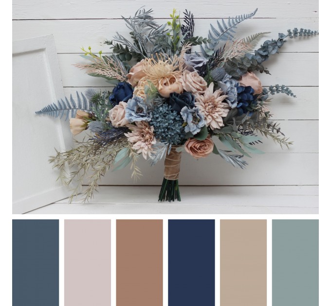 Beige Dahlia & Dusty Navy Blue Wedding Bouquets | Faux Bridal & Bridesmaid Bouquets