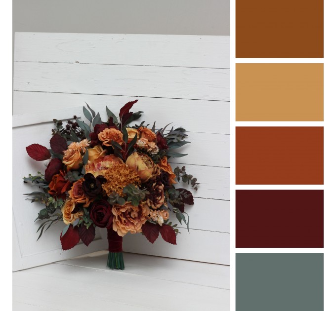 Wedding Bouquets in Rust, Burgundy & Cinnamon | Cascading Bridal & Bridesmaid Faux Bouquets