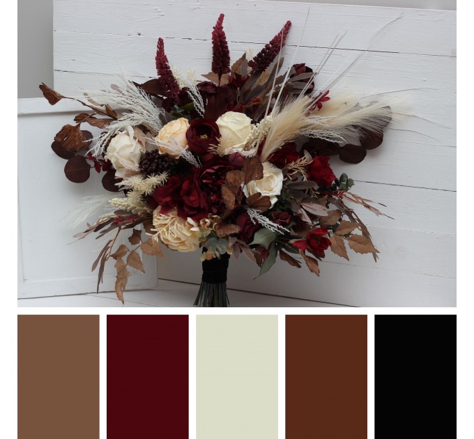 Wedding Bouquets in Burgundy, Brown & Cream | Cascading Bridal & Bridesmaid Faux Bouquets
