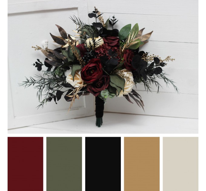 Burgundy, Black, Gold, and Ivory Wedding Bouquets – Bridal and Cascading Faux Bouquets