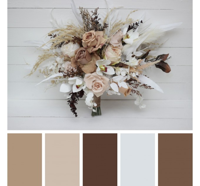 Wedding Bouquets in Beige, White & Brown | Cascading Orchid Bridal & Bridesmaid Faux Bouquets